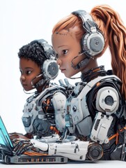 Aufkleber - group of diverse schoolkids learning and using laptop gadgets for programming for software robotics 