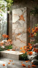 Poster - A beautiful modern podium made of gleaming marble stands gracefully amidst a lush arrangement of colorful blooms. Soft sunlight enhances the serene atmosphere, inviting contemplation