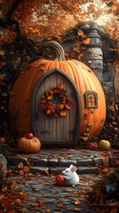 Poster - Delightful autumn setting featuring a large pumpkin as a house with a wooden door and colorful wreath surrounded by scattered autumn leaves a cobblestone path and a white mouse with apples