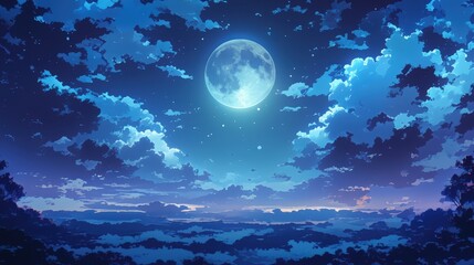 Wall Mural - Serene Night Sky with Blue and Purple Gradient Clouds Under a Bright Moon Surrounded by Stars in an Artistic Landscape