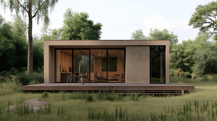 Poster - A modern, minimalist house with large windows, surrounded by lush greenery, blending harmoniously with the natural environment