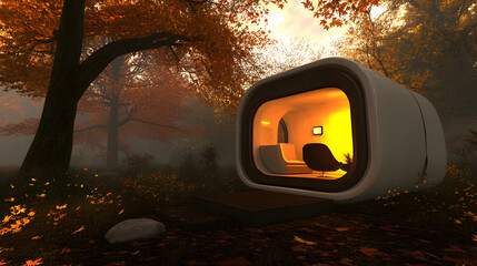 Poster - A modern, minimalist cabin nestled in an autumn forest, surrounded by vibrant foliage and soft mist, creating a serene, inviting atmosphere