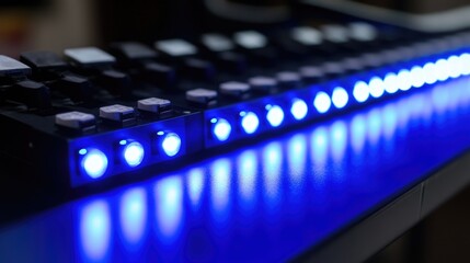 Poster - A close-up of an internet server rack with glowing blue LED indicators.