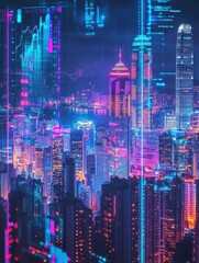 Poster - Futuristic holographic tax graphs displayed over city skyline, digital economy theme, vivid colors