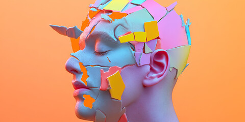 Poster - Digital Rendering of a Fragmented Head with Pastel Colored Pieces