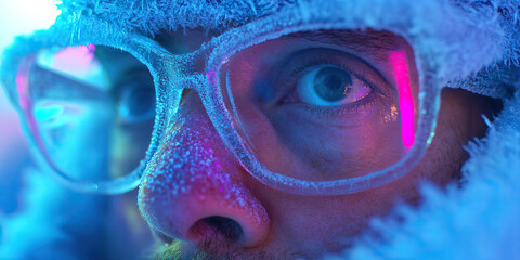 Poster - Close-up of Frosty Face with Eyeglasses in Blue and Pink Light