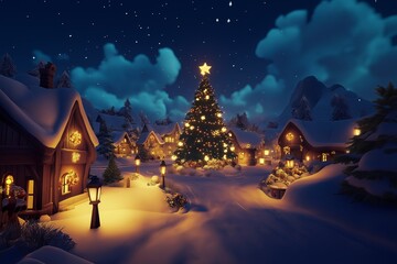 Poster - A snowy village at night, with glowing lanterns and a cozy Christmas tree in the center
