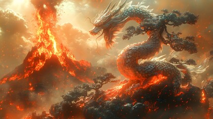 Poster - Detailed bonsai plant shaped into a dragon its magmalike skin glowing as fire streams from its mouth Behind a volcano spews lava in a dynamic epic scene filled with intricate textures