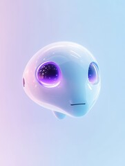 Poster - streamlined ai chatbot logo with prominent eyes and mouth, drifting against a pale blue backdrop, gr