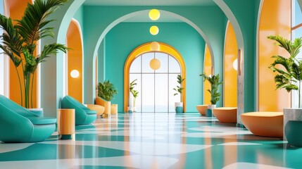 Aufkleber - A luxury hotel lobby with futuristic decor.