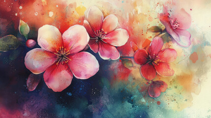 Wall Mural - Gentle watercolor scene of vibrant flowers blooming in rich colors