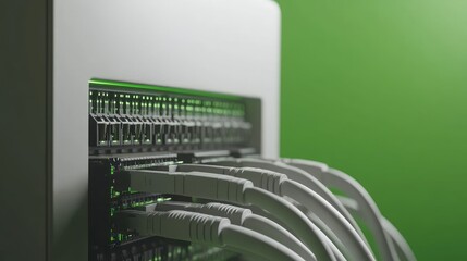 Poster - A close-up of a network switch with connected high-speed cables, green background.