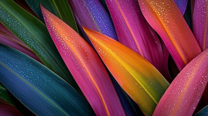 Poster - Colorful leaves with water drops create a stunning natural pattern, showcasing vibrant hues of green, purple, pink, orange, and yellow in a beautiful display of nature's artistry