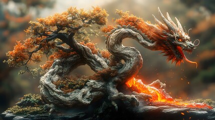 Fototapete - Detailed bonsai plant shaped into a dragon its magmalike skin glowing as fire streams from its mouth Behind a volcano spews lava in a dynamic epic scene filled with intricate textures