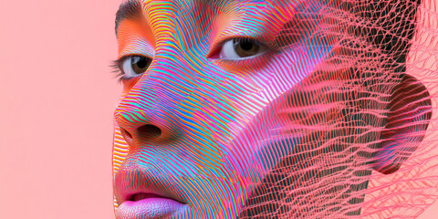 Poster - Digital Portrait: Multicolored Striped Face Partially Covered by Pink Netting