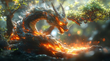 Poster - Detailed bonsai plant shaped into a dragon its magmalike skin glowing as fire streams from its mouth Behind a volcano spews lava in a dynamic epic scene filled with intricate textures