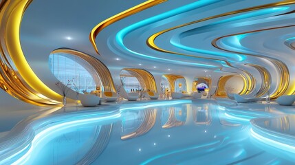 Aufkleber - A luxury hotel lobby with futuristic decor.