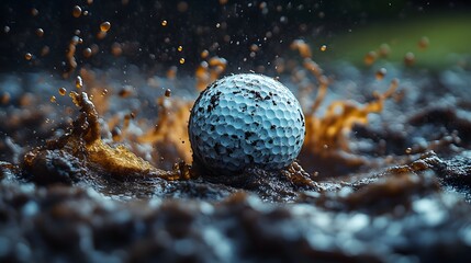 Poster - Detailed closeup of a golf ball landing into thick mud sending droplets flying with minimal light focusing on the texture of the mud and the motion of the ball evoking mystery and action