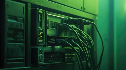 Poster - A close-up of a network switch with connected high-speed cables, green background.