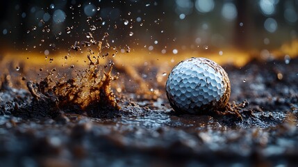 Poster - Detailed closeup of a golf ball landing into thick mud sending droplets flying with minimal light focusing on the texture of the mud and the motion of the ball evoking mystery and action
