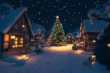 Poster - A snowy village at night, with glowing lanterns and a cozy Christmas tree in the center