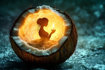 Poster - Detailed digital artwork showing a coconut split in half with coconut milk creating the silhouette of a woman holding a candle illuminated softly against a dark moody background