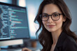 © Wee Ha - Portrait of Beautiful Female Software engineer Wearing Glasses in workspace with big blurred coding screen background