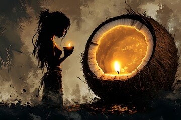 Poster - Detailed digital artwork showing a coconut split in half with coconut milk creating the silhouette of a woman holding a candle illuminated softly against a dark moody background