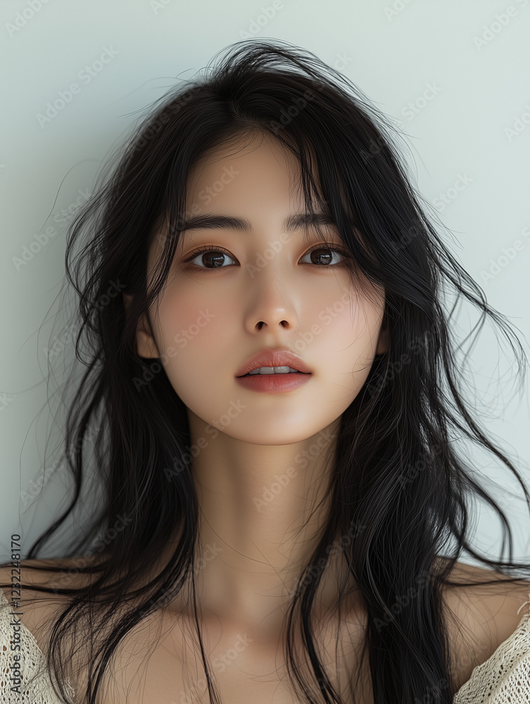 Young Korean woman with wavy black hair gazes softly at the camera in a ...