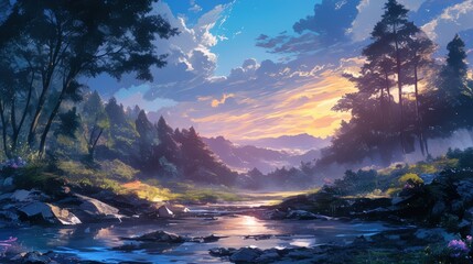 Poster - Serene Anime Landscape Featuring a Stream Flowing Through a Vibrant Forest at Sunset with Colorful Sky and Majestic Mountains in the Background