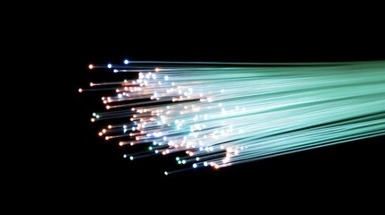Poster - A data transmission concept with moving fiber optic light trails, digital background.