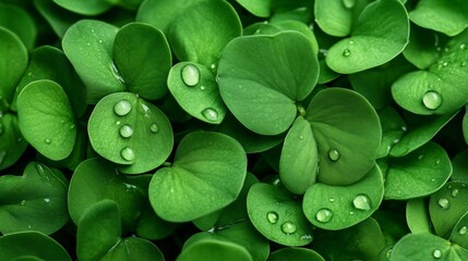 Aufkleber - Close up view of lush green leaves glistening with fresh water droplets, creating a vibrant and refreshing natural scene, perfect for evoking feelings of tranquility and purity