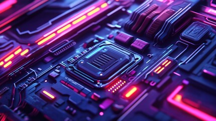 Poster - A futuristic AI microchip embedded in a sleek circuit board, neon-lit background.