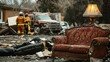 © jambulart - Firefighters survey debris, ruined furniture, and damaged vehicles.