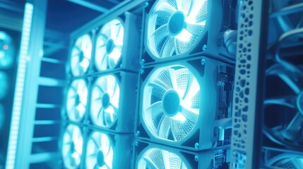 Poster - A futuristic cloud server stack with LED-lit cooling fans, tech-blue background.