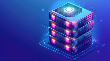 Poster - A futuristic cloud server stack with LED-lit cooling fans, tech-blue background.