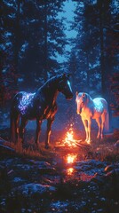 Wall Mural - Detailed image of a black stallion with vibrant fluorescent war paint glowing in the dark alongside a white stallion framed by a dark night in the woods illuminated by a flickering campfire