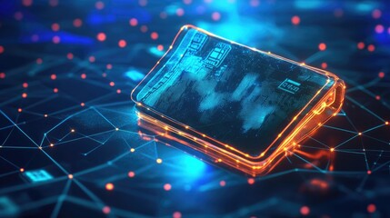 Poster - A glowing digital wallet with financial data floating around, neon blue background.
