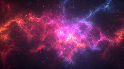 Poster - A vibrant cosmic nebula with swirling colors of pink, purple, and blue, set against a dark star-filled background
