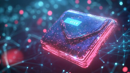 Poster - A glowing digital wallet with financial data floating around, neon blue background.