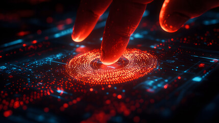 Aufkleber - A close-up of a finger interacting with a glowing, digital interface featuring vibrant red and blue lights, symbolizing technology and data