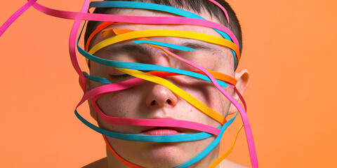 Poster - Portrait of a Person's Face Partially Covered with Multicolored Ribbons