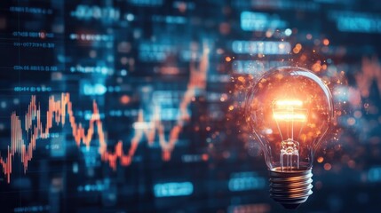 Poster - A lightbulb icon over financial charts symbolizing cost efficiency, dark navy background.