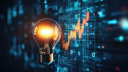 Poster - A lightbulb icon over financial charts symbolizing cost efficiency, dark navy background.