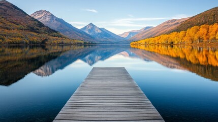 Poster - Tranquil lake mirrors the vibrant hues of autumn foliage and the towering peaks of the surrounding mountains, with a wooden pier inviting contemplation and serenity