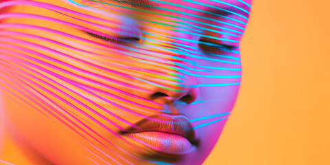 Poster - Close-up Portrait of Face with Overlaid Neon Lines