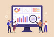© nadzeya26 - Business Data Analytics Concept. Vector illustration in flat style of a large monitor with tabs displaying graphs, chats, and a group of people looking at them. Isolated on background