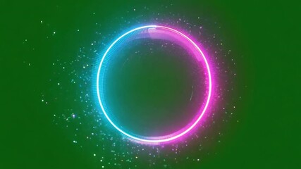 Sticker - neon circle abstract: glowing neon circle with pink and blue hues, surrounded by sparkling particles