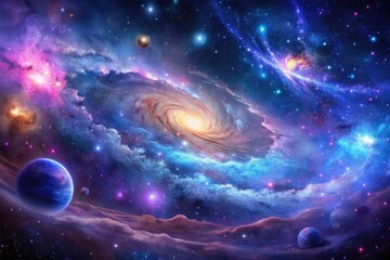 Wall Mural - deep space landscape featuring a large galaxy with intricate details and vibrant purple and blue neb