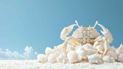 Poster - Stunning Crab Sculpture Crafted from Seashells on a Beach with Clear Blue Sky Background